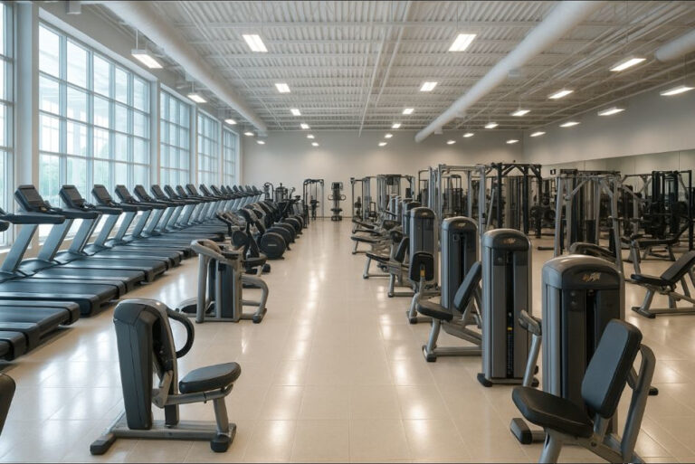 Professionelle Reinigung eines modernen Fitnessstudios in Berlin – saubere Trainingsgeräte und glänzender Boden, keine Personen im Bild